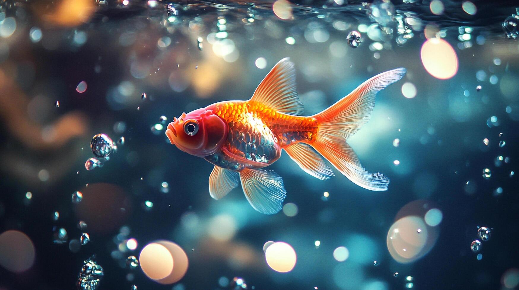 A vibrant goldfish swims gracefully amidst a flurry of bubbles in an aquatic environment, its fins shimmering in the soft light. photo