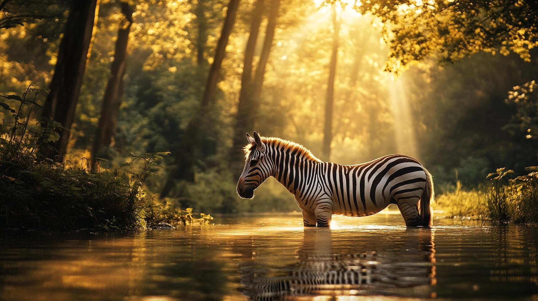 Zebra wading in water, surrounded by a golden forest. The water reflects light for a magical scene. Nature's beauty at its finest. photo