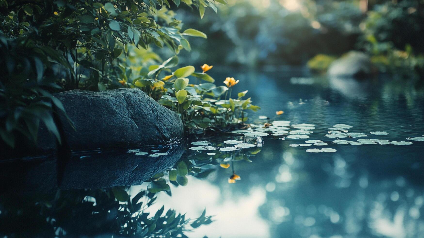 Serene pond scene with rocks, lush foliage, and water lilies, radiating tranquility and natural beauty in a harmonious composition. photo