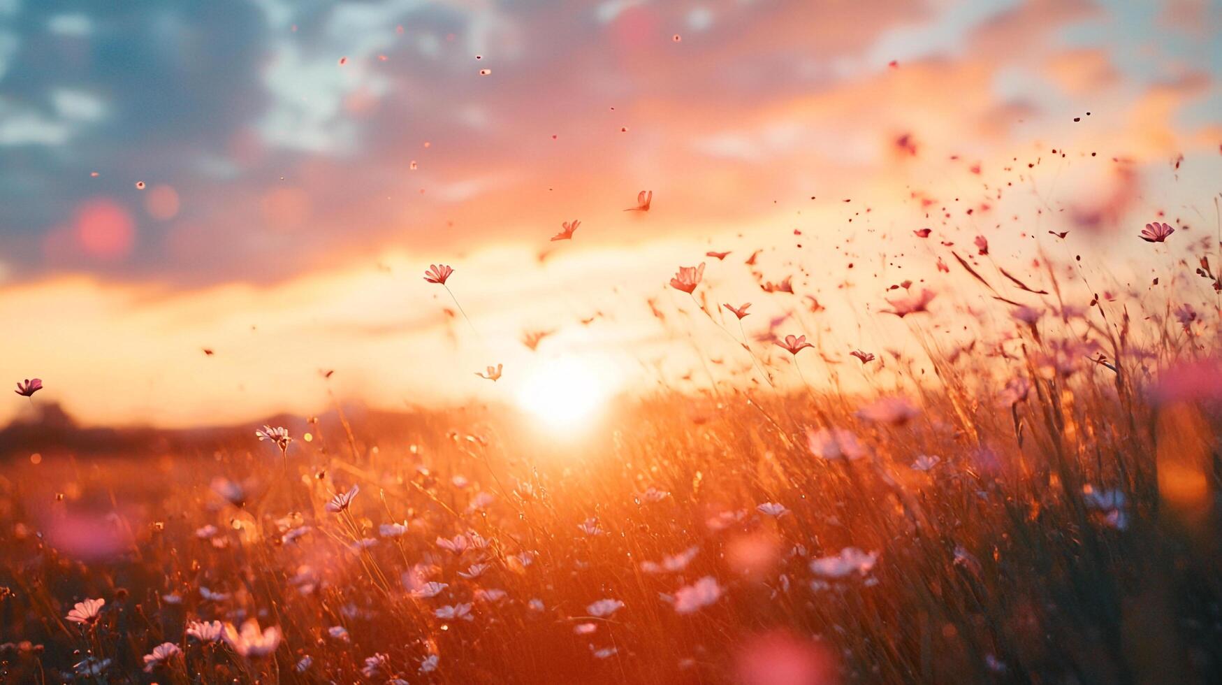 Golden sunset over a field of flowers, with the sun low on the horizon creating a warm and dreamy ambiance on the meadow. photo