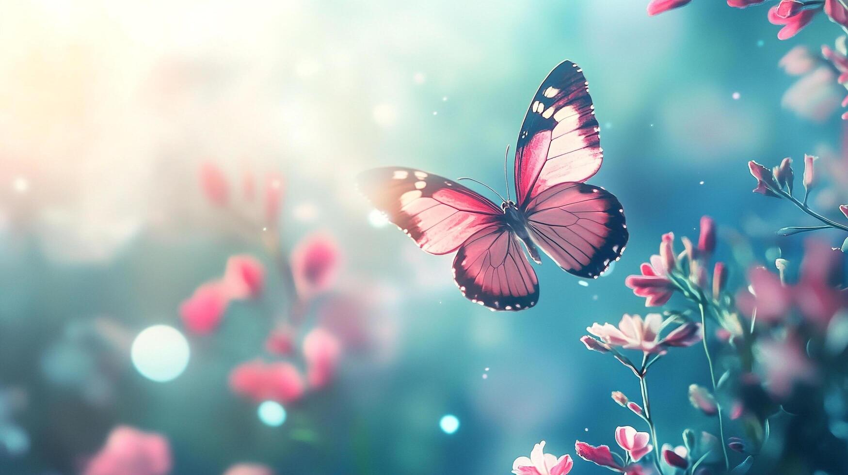 Butterfly gracefully soaring through a vibrant garden, surrounded by blossoming flowers and a soft, dreamy atmosphere. photo