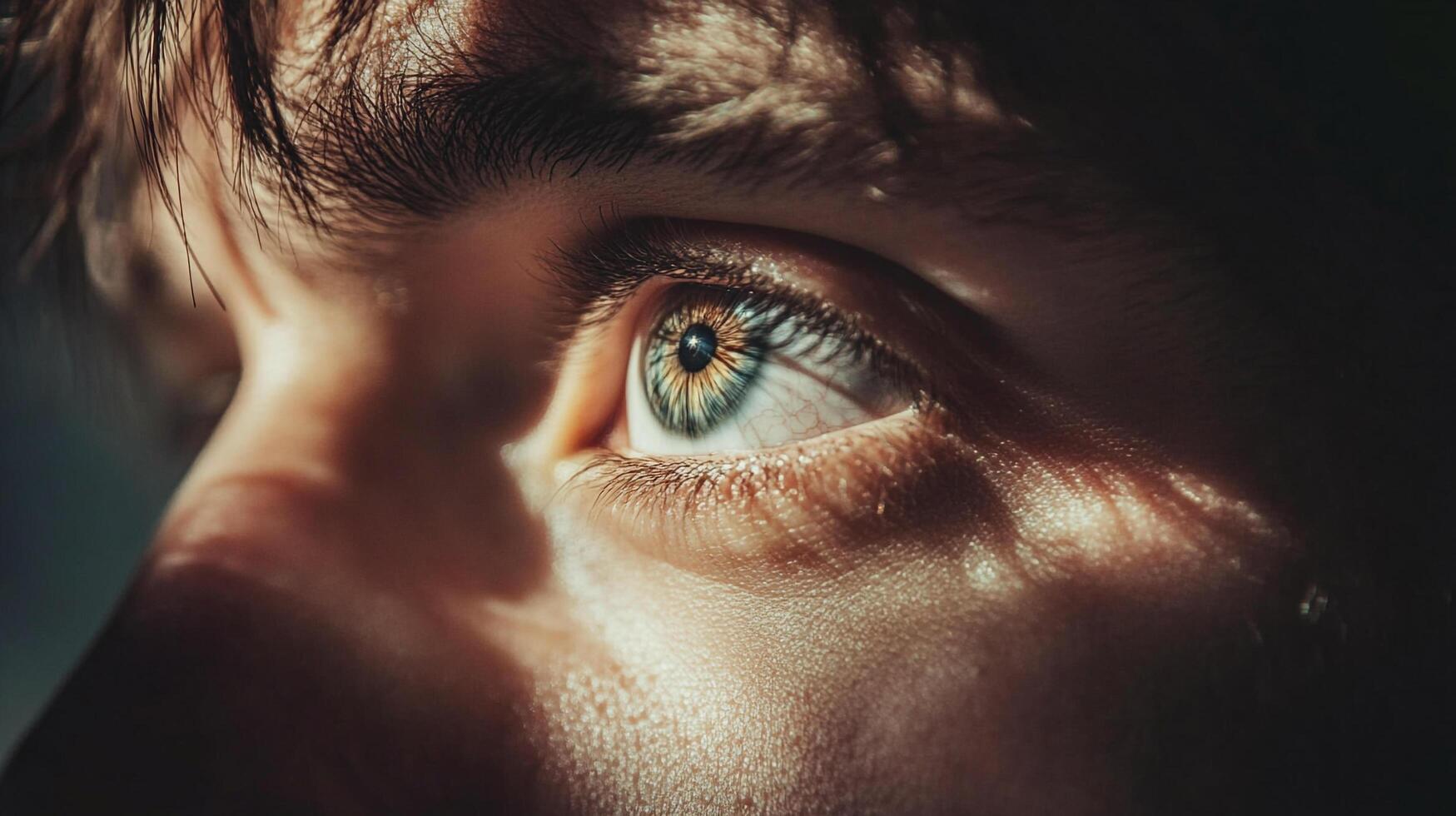 A striking close-up reveals a captivating eye, the window to the soul, bathed in light and shadow, capturing intricate details. photo