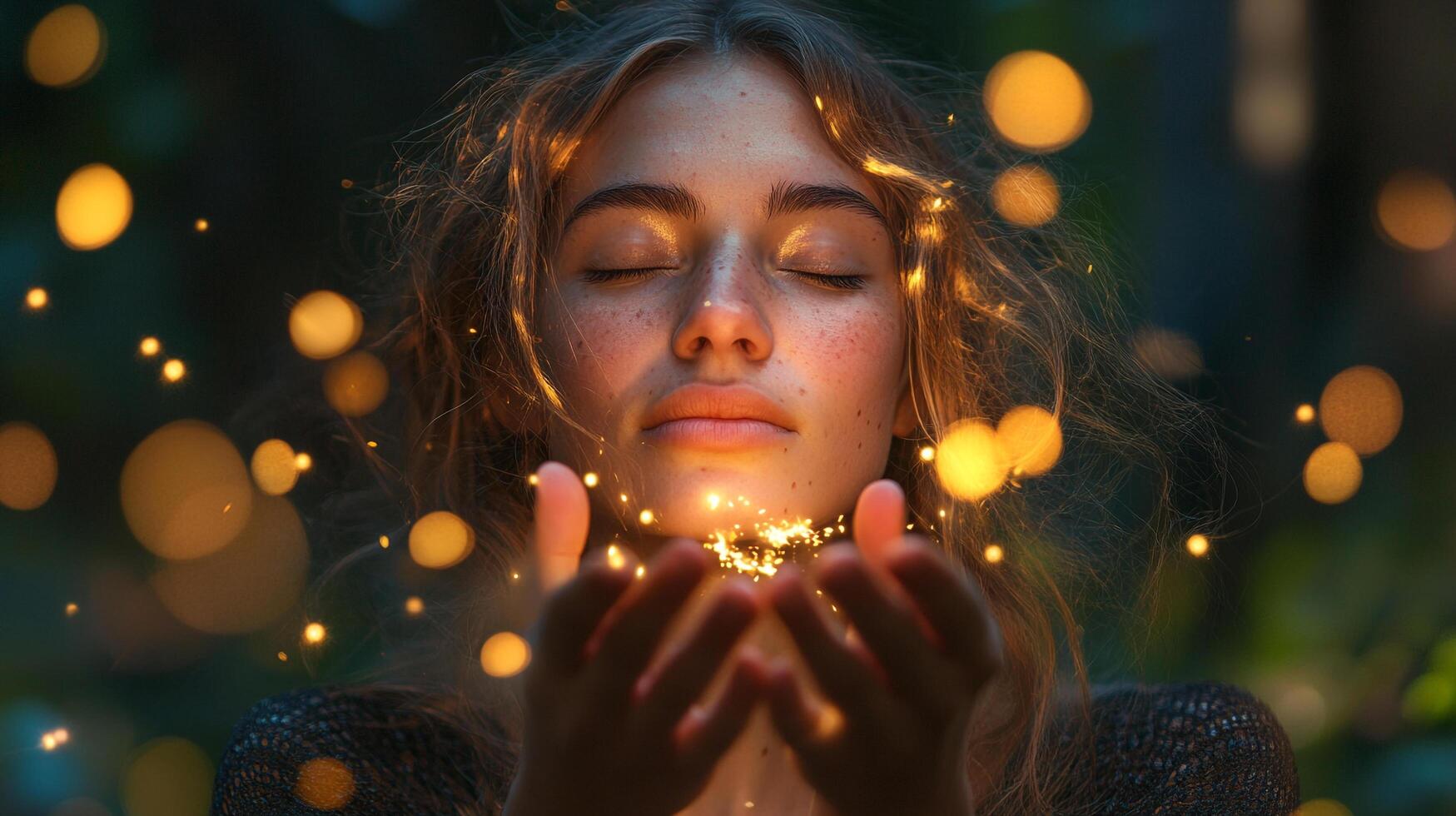 Woman holding light. A portrait of a woman with eyes closed holding glowing orbs, with more orbs surrounding her, creating a dreamy. photo