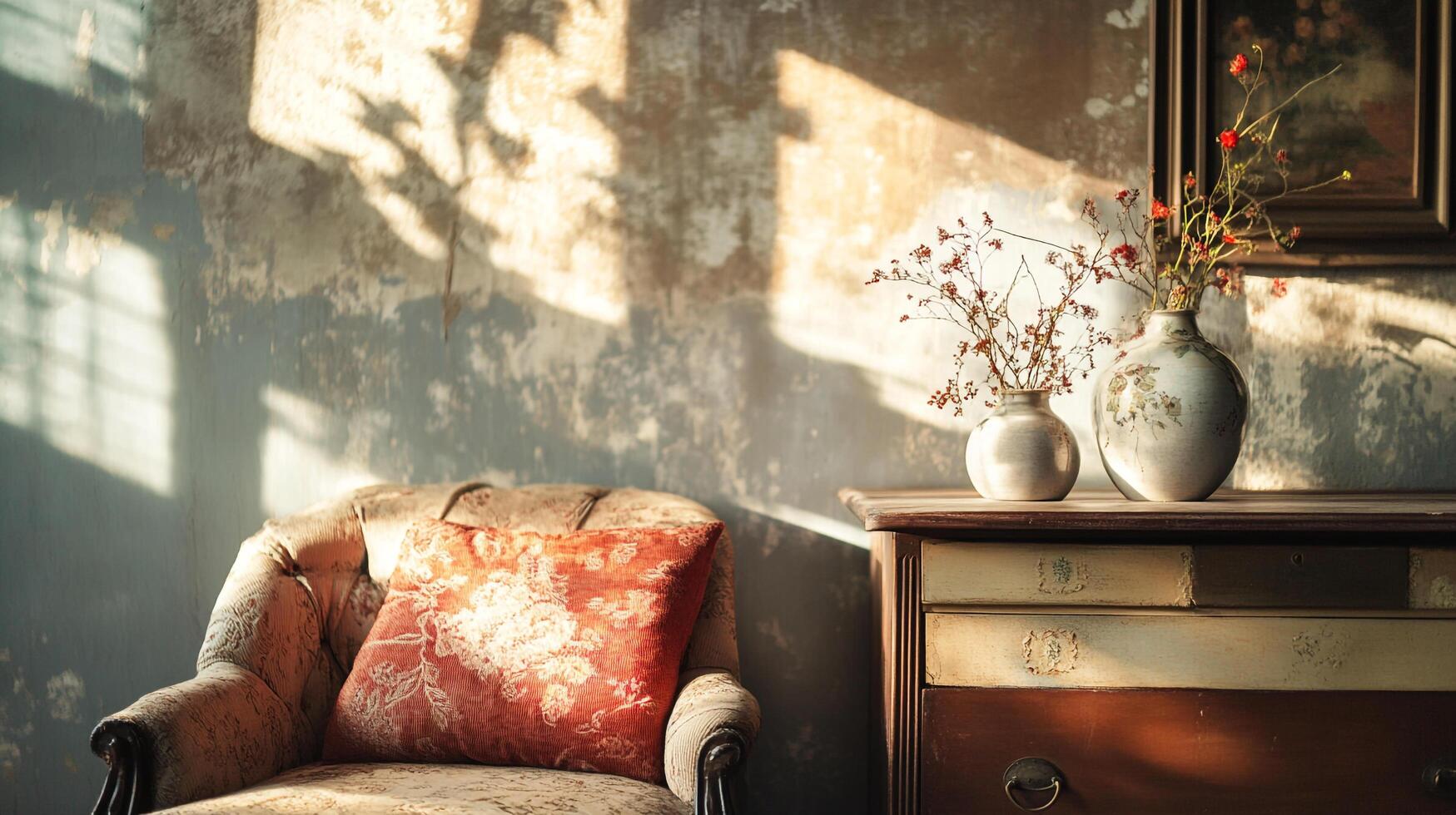 Warm interior scene bathed in sunlight, showcasing vintage furniture, floral accents, and textured walls for a cozy, inviting atmosphere. photo