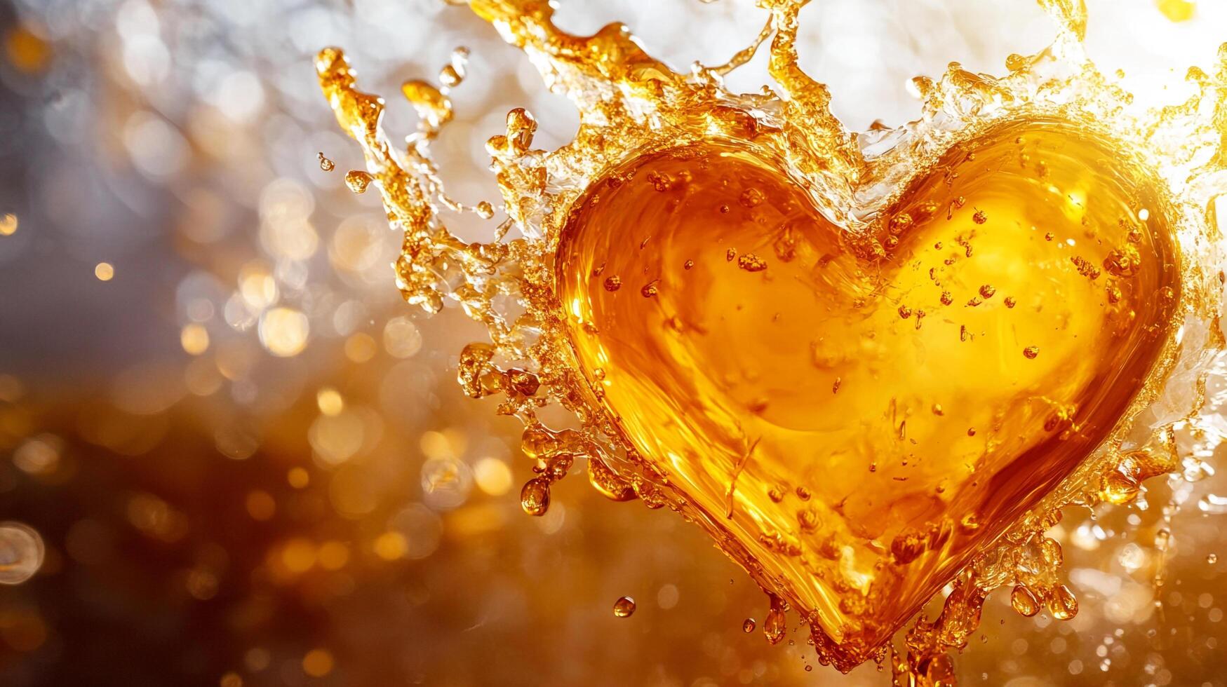 Golden liquid forming a heart shape with dynamic splashes against a shimmering bokeh background, symbolizing love and celebration. photo