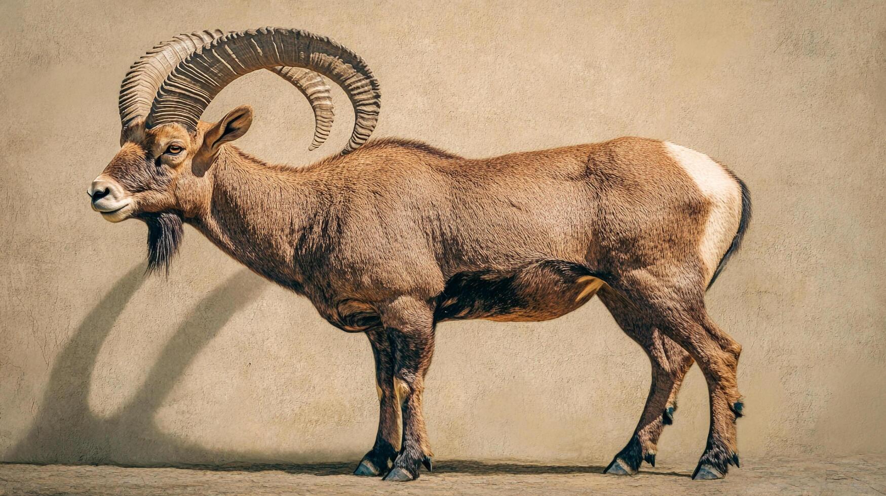 Majestic Ibex. This stunning image showcases a full-bodied ibex with its impressive, curved horns, captured in profile against a plain backdrop. photo