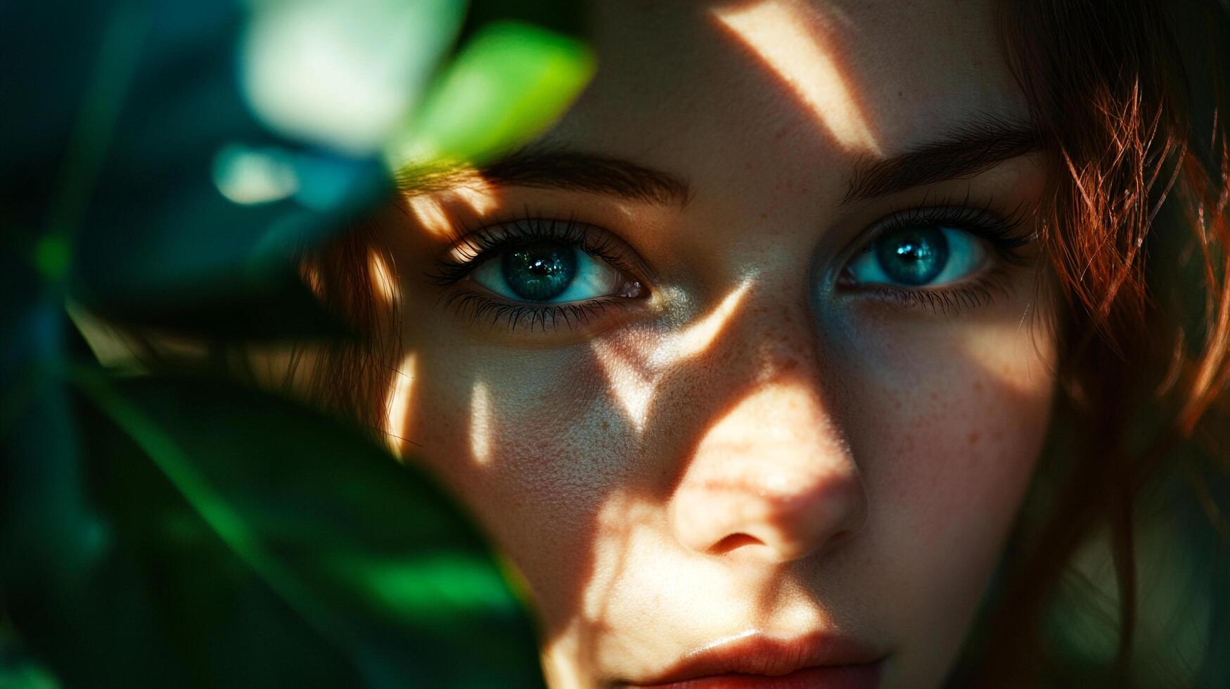 A woman's intense gaze meets the camera, partially obscured by shadows and the surrounding green leaves for a mysterious composition. photo
