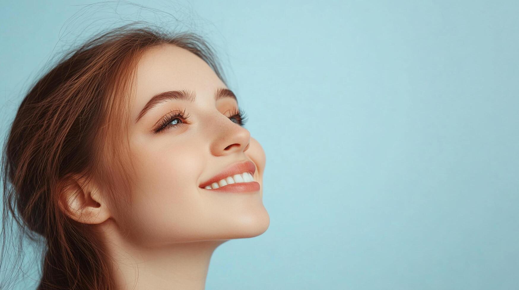 Smiling woman looks upward in profile, set against a soothing blue background. Optimism and serenity are evident in her joyful expression. photo