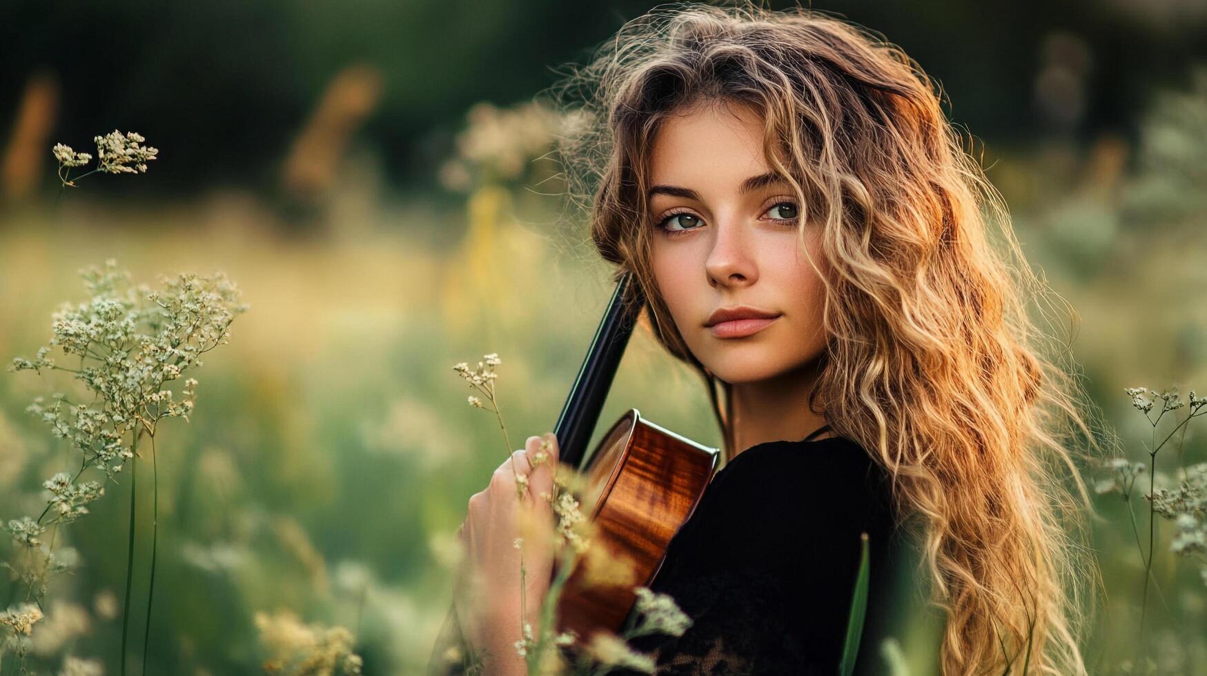 Portrait of a serene woman with a violin, standing in a meadow bathed in soft light. Her curly hair complements the natural setting. photo