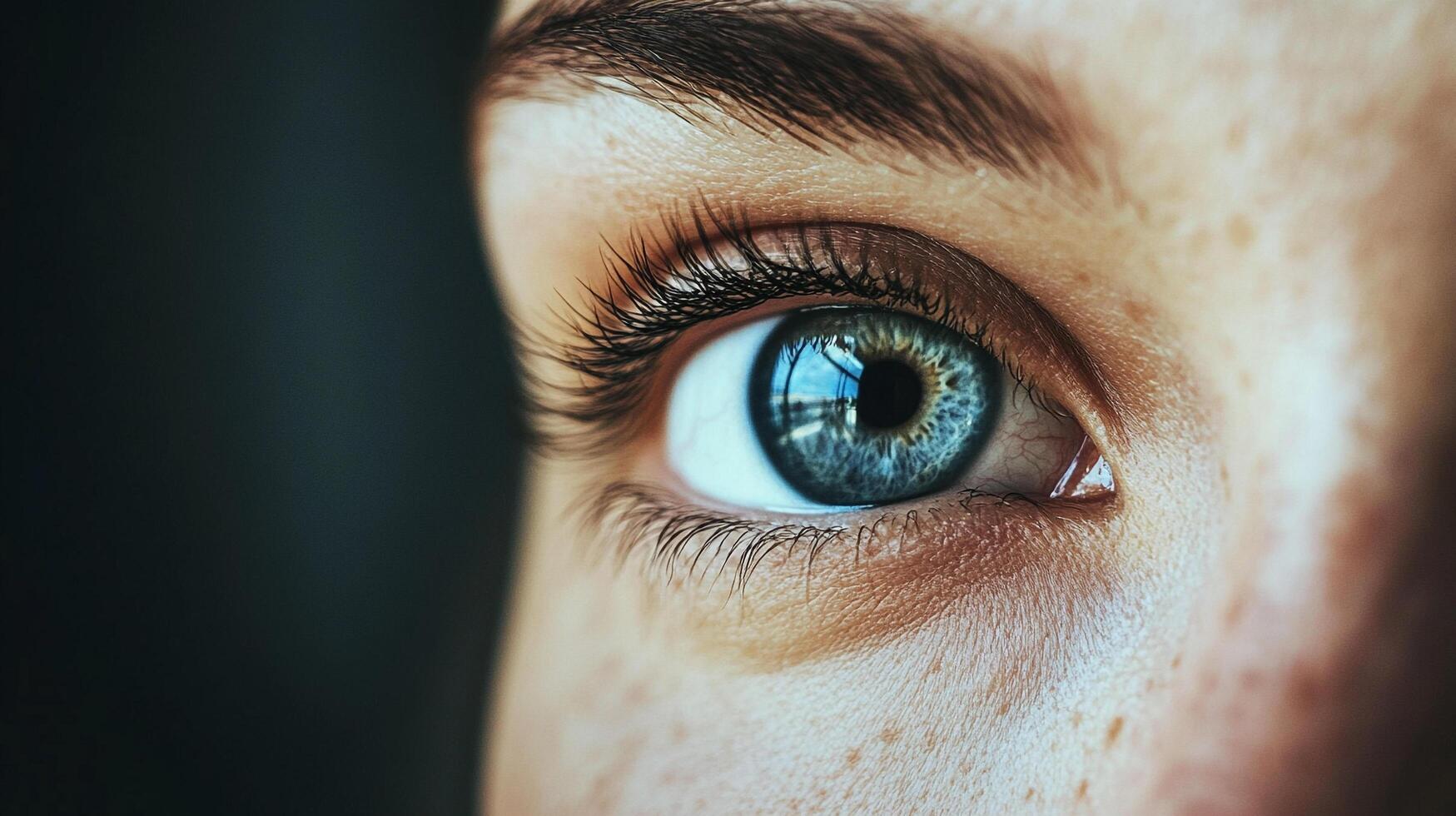 A captivating close-up of a human eye reveals intricate details of its color, texture, and lashes, highlighting its natural beauty. photo