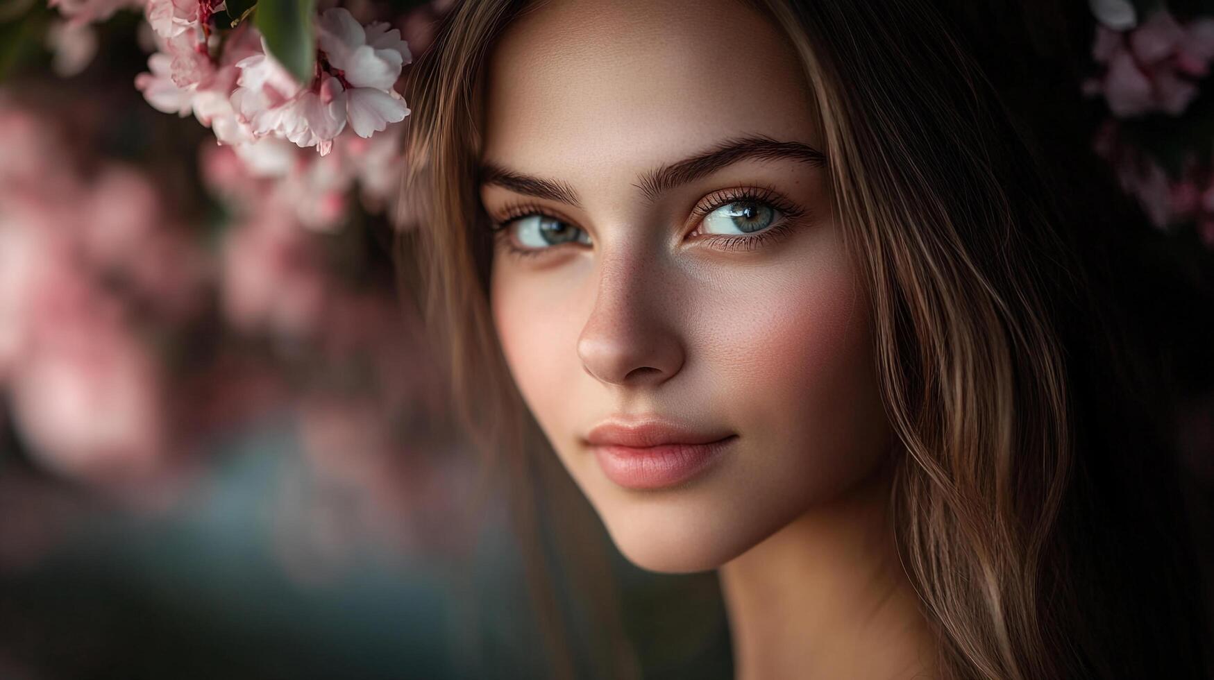Portrait of a woman in a floral setting, with delicate pink blossoms framing her face and soft, dreamy lighting enhancing her beauty. photo
