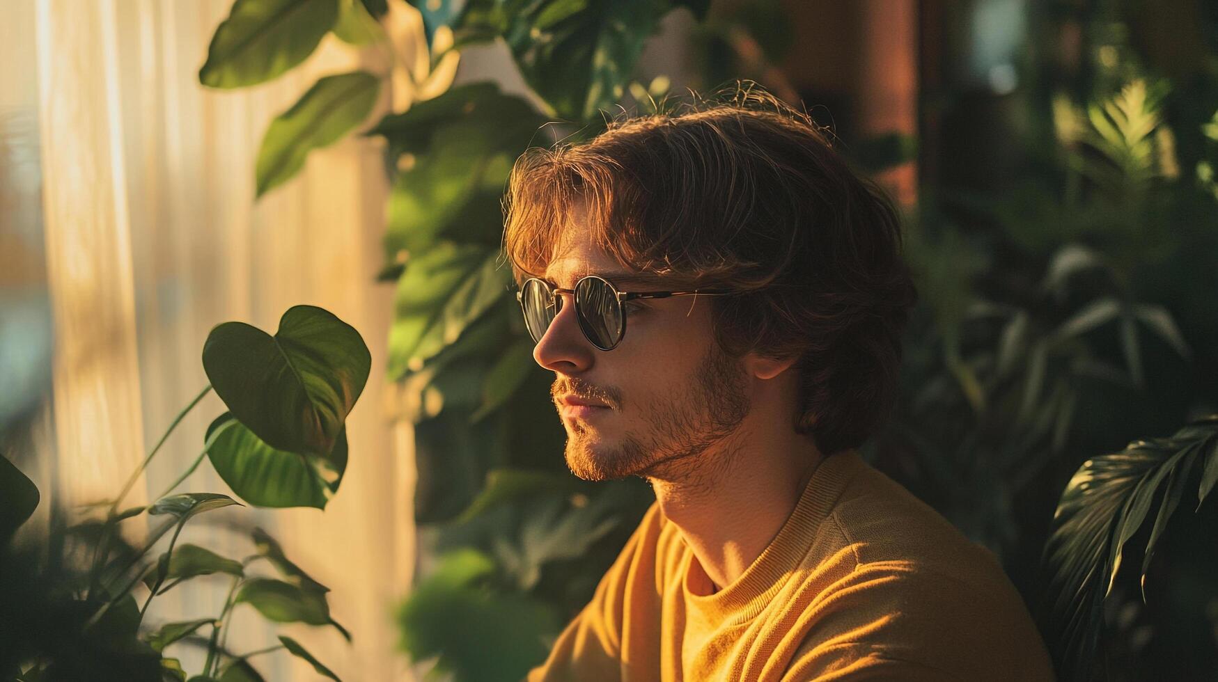 Indoor portrait of a man wearing sunglasses, surrounded by lush green plants, bathed in soft light, creating a serene and tranquil atmosphere. photo