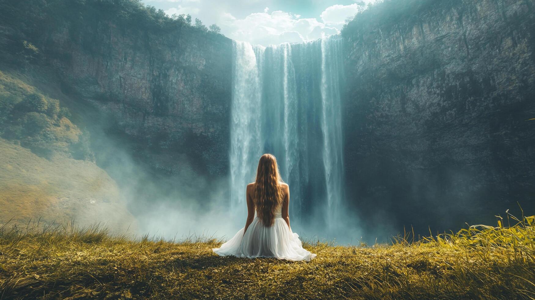 Woman in white dress meditating before a tall waterfall surrounded by mist and tall cliffs under a cloudy sky. Nature scene. photo
