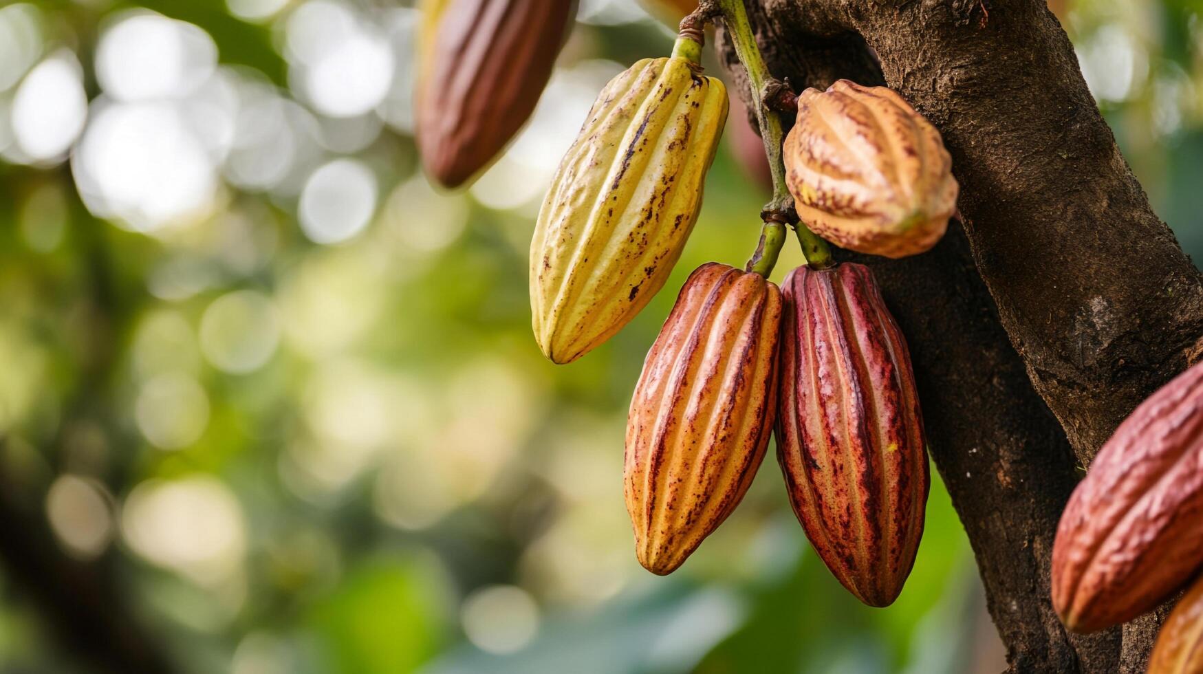 Vibrant cocoa pods hanging from a branch, showcasing nature's colorful bounty in an outdoor setting. Rich hues suggest ripeness. photo