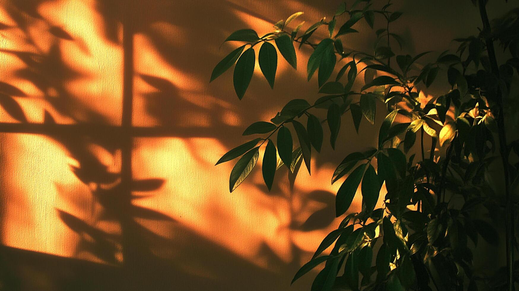 Warm Sunlight. A plant casts intricate shadows on a textured wall, bathed in a soft, golden light, creating a tranquil indoor ambiance. photo