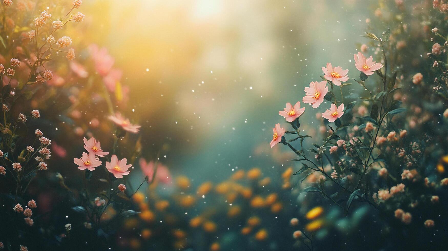 Dreamy floral landscape with delicate pink blossoms, bokeh lights, and soft focus creating a serene and enchanting scene. photo