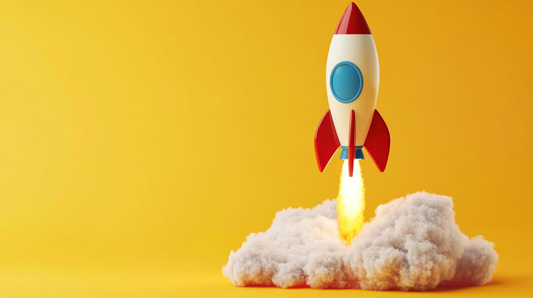 Stylized Rocket Launch. A vibrant image of a toy rocket taking off, surrounded by smoke against a bright yellow backdrop. photo