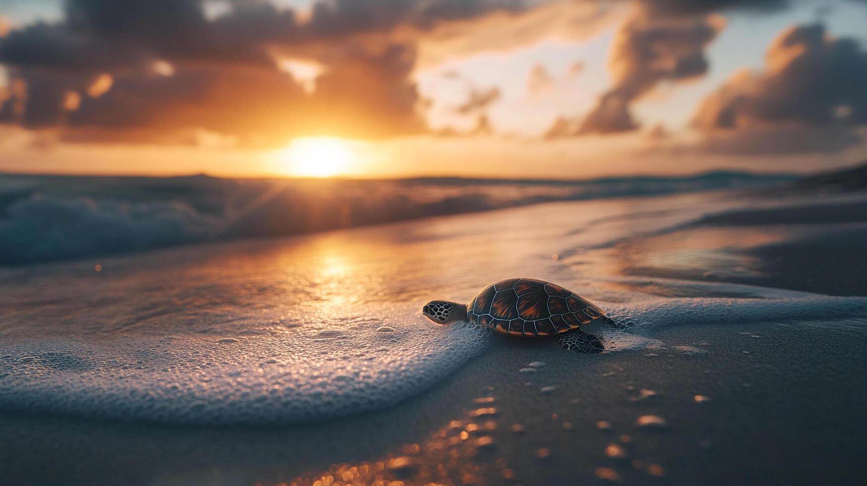 Sea turtle emerges from the ocean at sunset, crawling on the beach towards a new adventure under a vibrant, colorful sky. photo