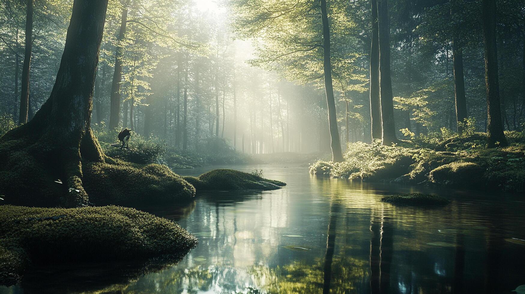 Sunlight pierces a tranquil forest, illuminating a calm river flowing amidst mossy banks and towering trees, inviting serenity and nature's embrace. photo