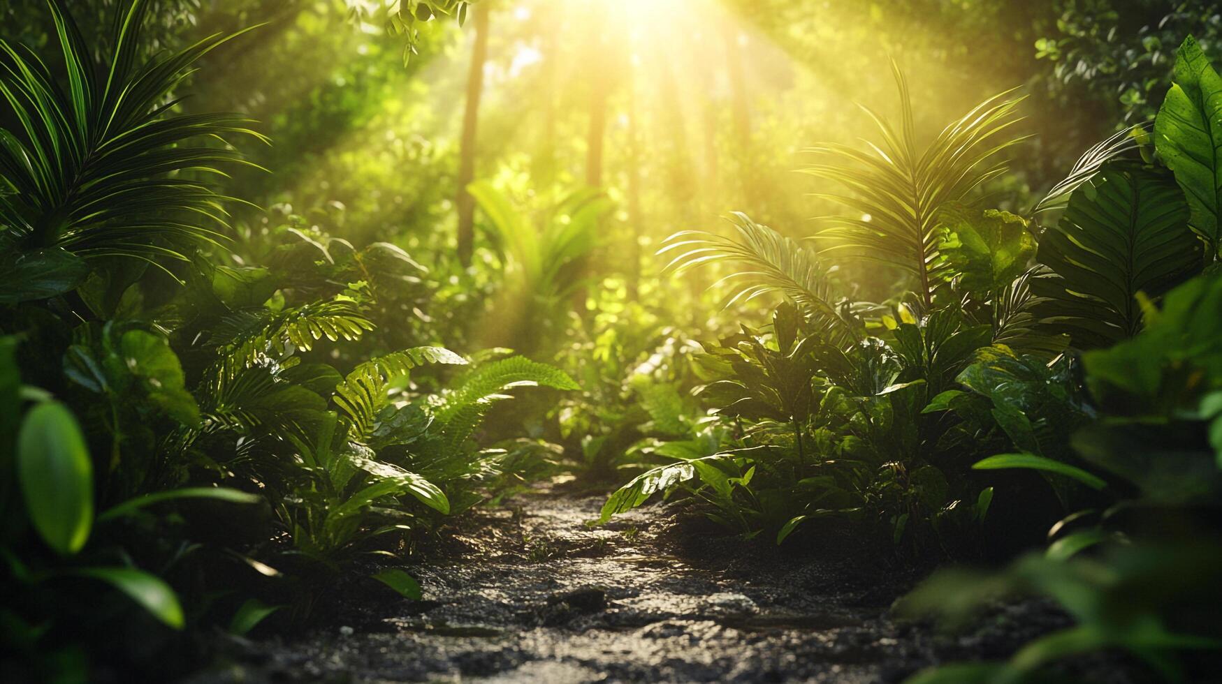 Lush green plants and trees bask in the sunlight along a dense forest path, creating an inviting natural oasis of calm. photo