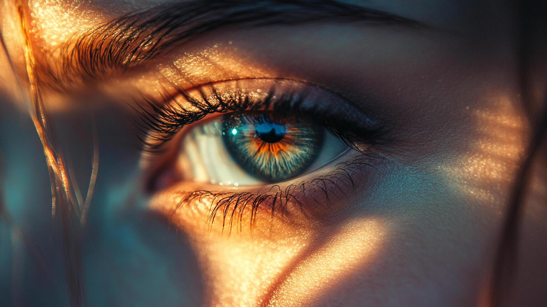 Close-up of a mesmerizing eye with intricate details and captivating colors reflecting light, revealing depth and captivating gaze of the iris. photo