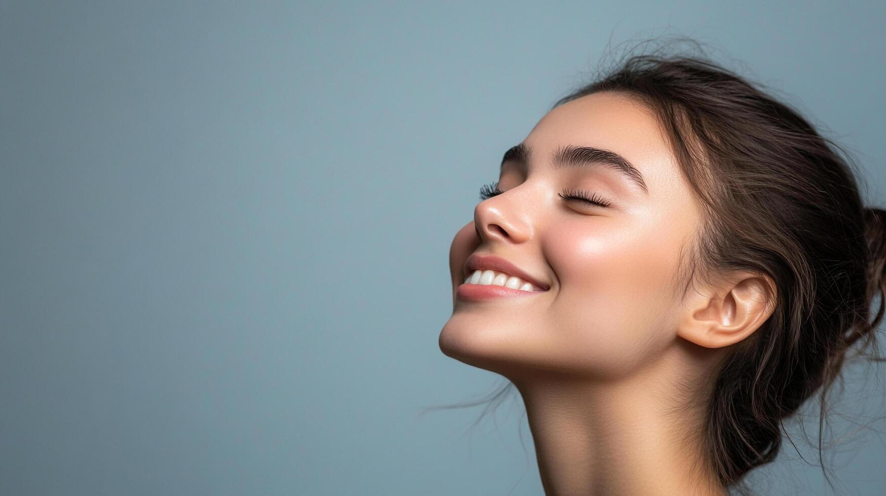 Radiant smile of a young woman with a serene expression, bathed in soft light against a calming blue background. Simple hair and makeup. photo