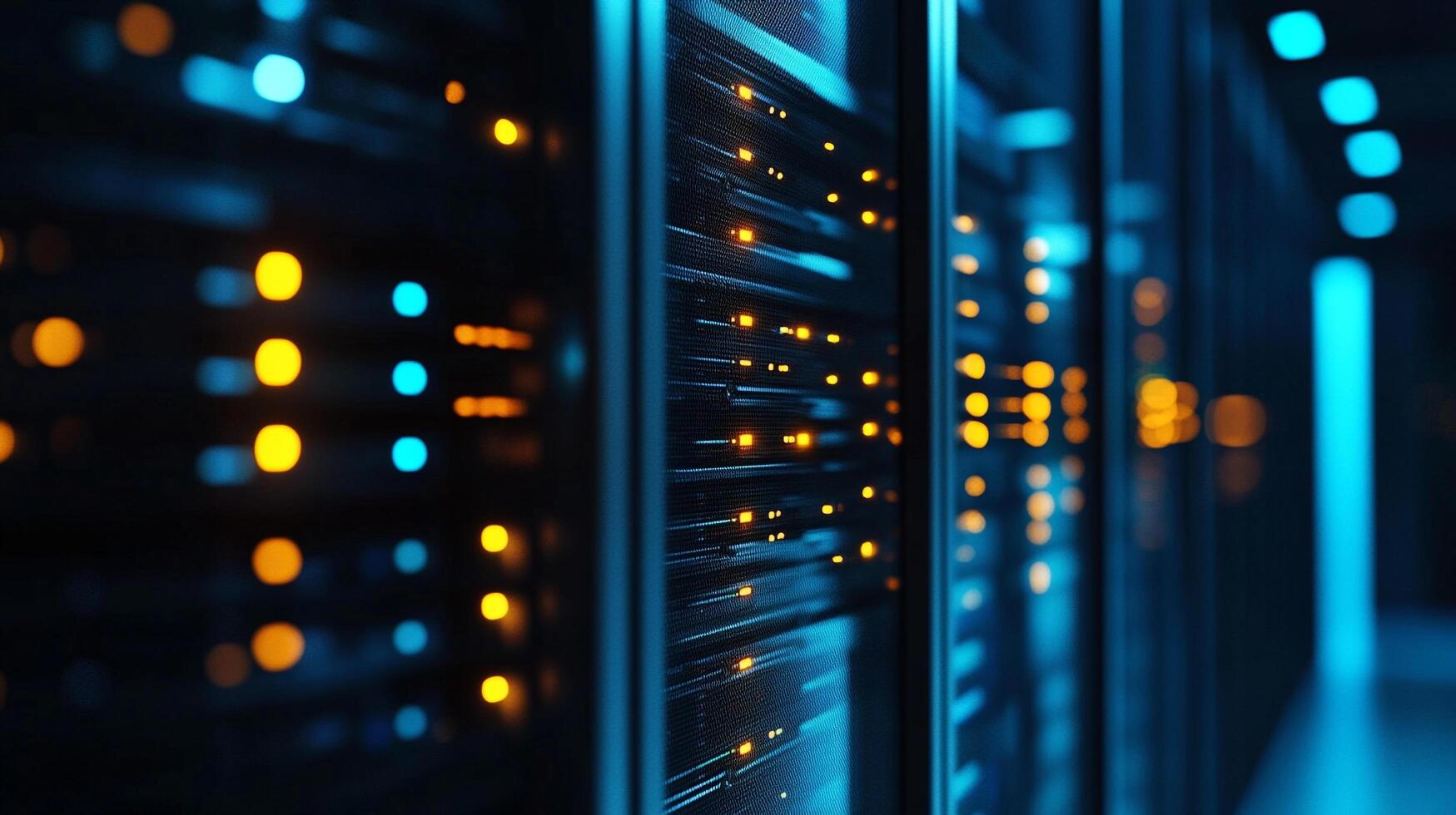 Server room. a close-up of server racks with glowing orange and blue LED lights displaying data traffic and network activity. photo
