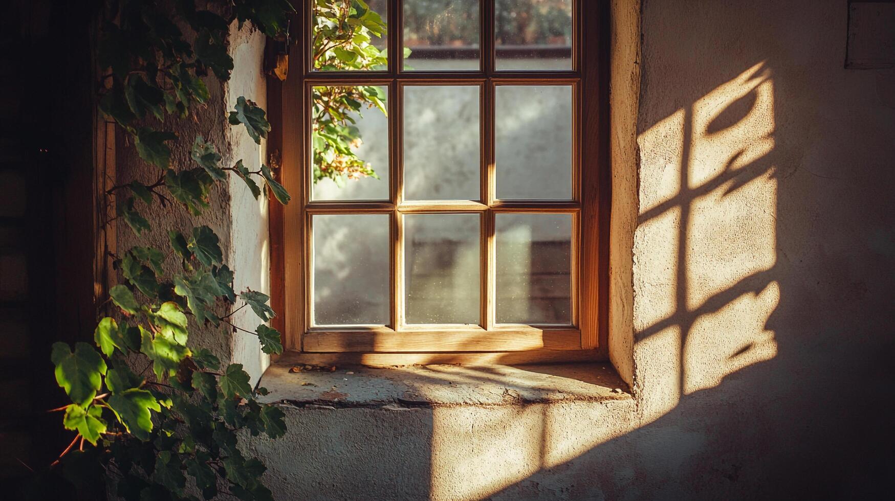 Rustic Window View. Capturing sunlight through an old window, framed by climbing vines, creating a warm, serene ambiance. photo