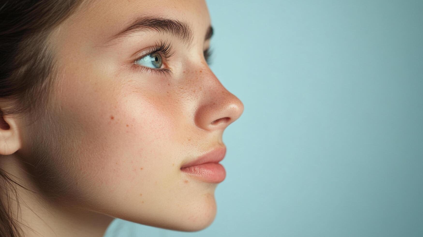 Profile shot showcases a woman's radiant skin, accented with freckles and soft features, set against a calming pastel backdrop. photo