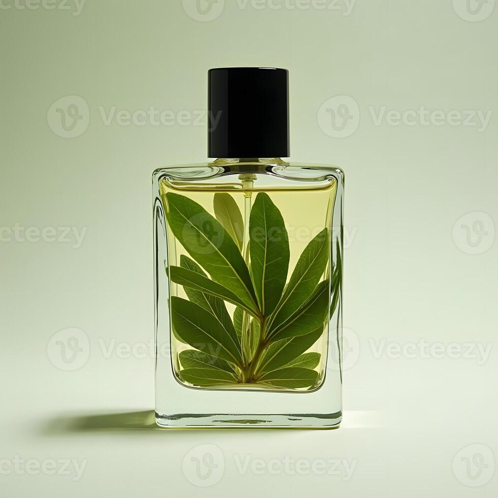Enchanting Essence Unlabeled Glass Bottle Filled with Fig Leaf and Neroli Fragrance photo