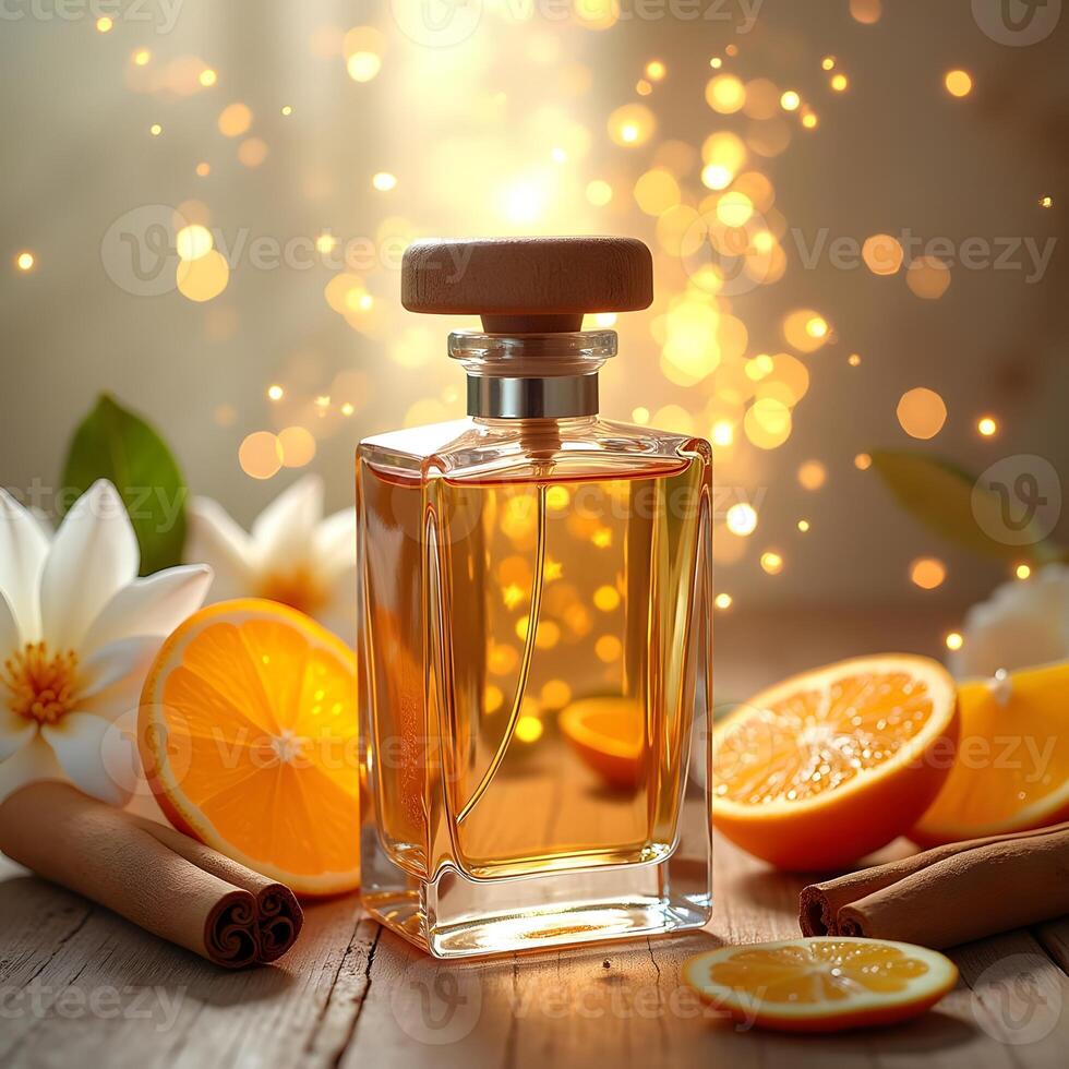 Enchanting Fusion of Citrus, Tea, Cinnamon, and Floral Notes in a Mysterious Fragrance Bottle photo