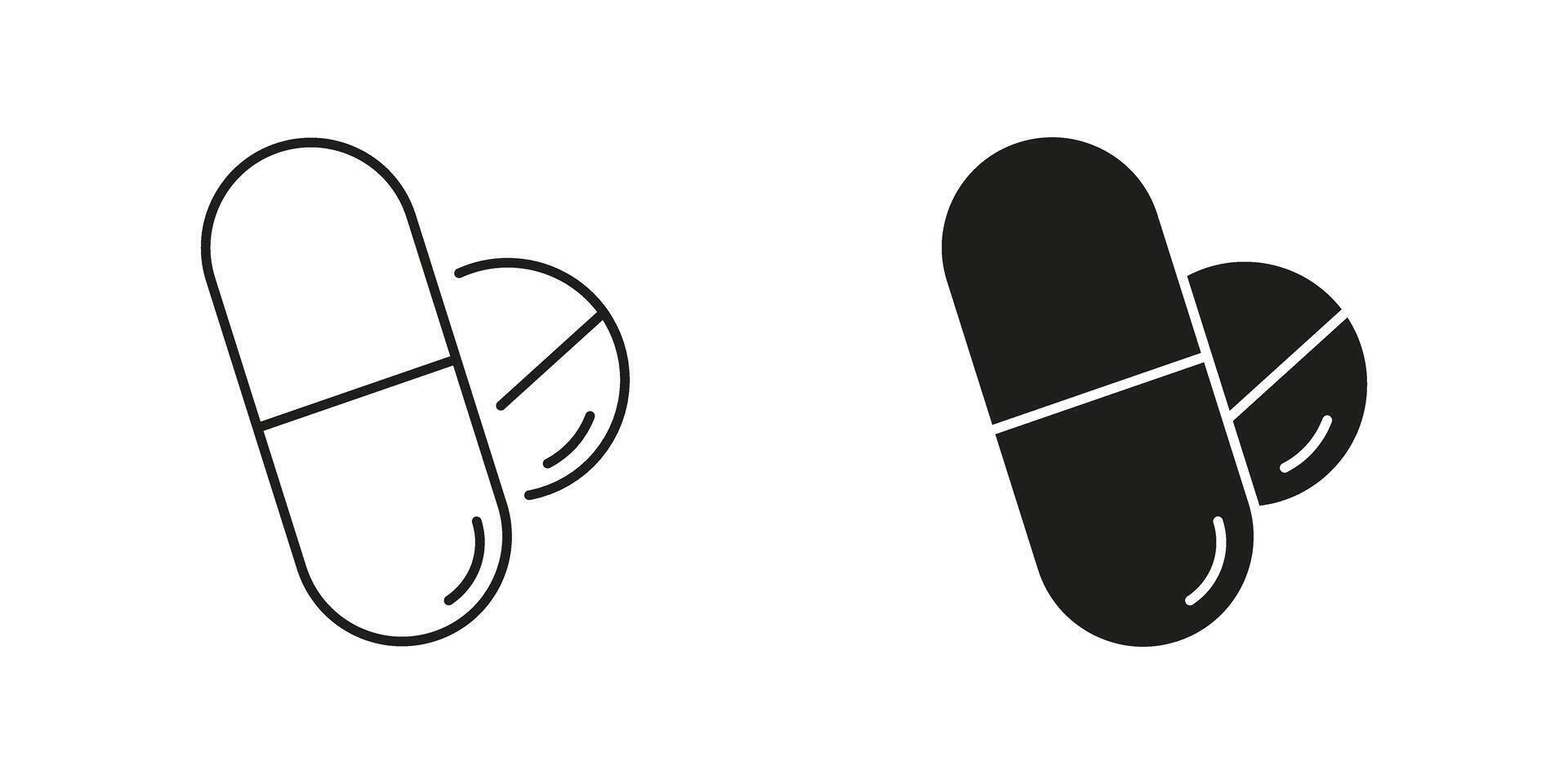 Pill and Capsule Line and Silhouette Icon Set. Medicine and Healthcare Supplement Symbol. Medication for Health and Sleep Aid. Editable Stroke. Isolated Illustration vector