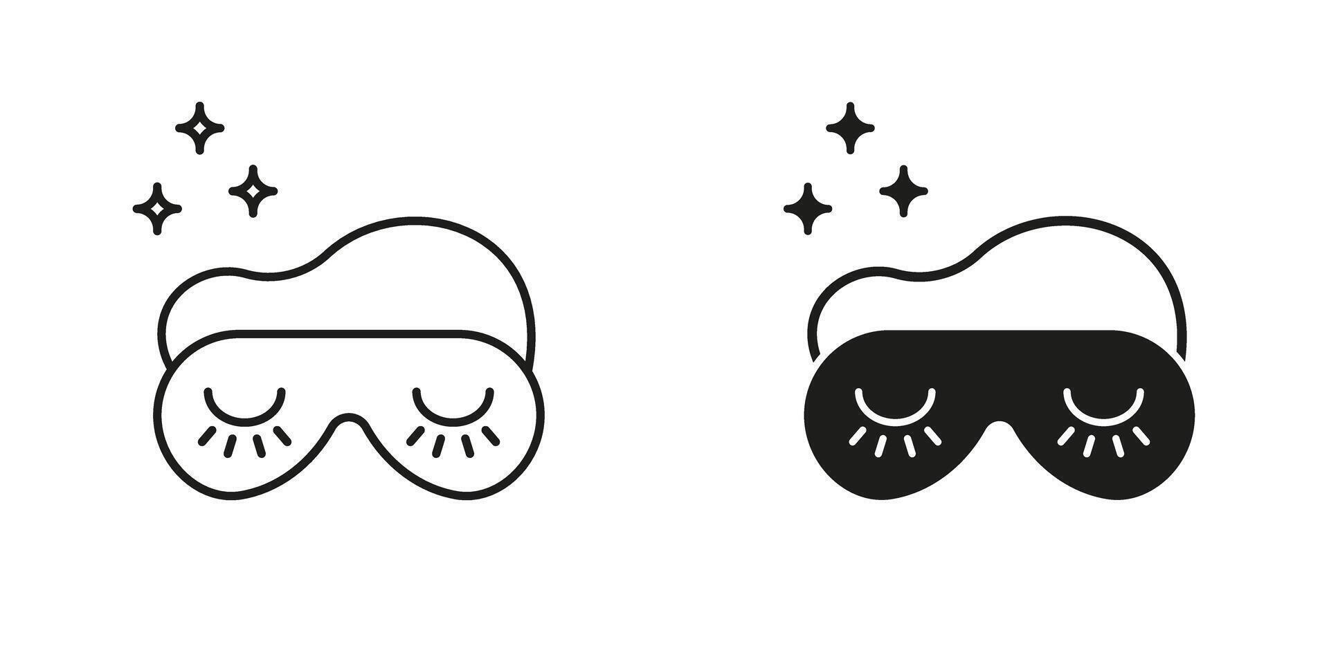 Sleep Mask with Stars Line and Silhouette Icon Set. Restful Night and Dreaming Symbol. Eye Mask for Sleeping. Nighttime Comfort. Editable Stroke. Isolated Illustration vector