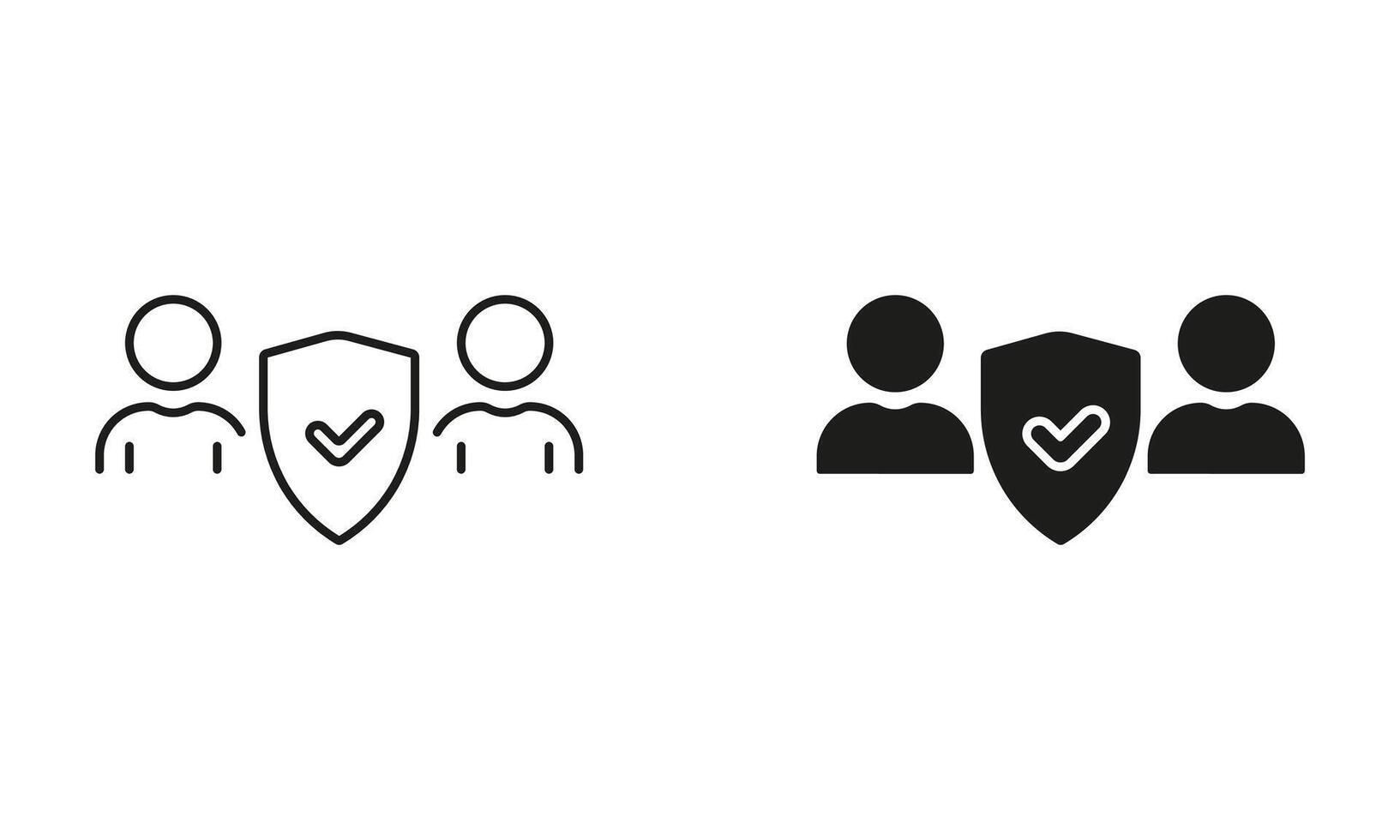 Security for Users Team Line and Silhouette Icon Set. Human Data Protection, Shield Protect Group Of People Pictogram. Safety in Business Symbol. Editable Stroke. Isolated Illustration vector