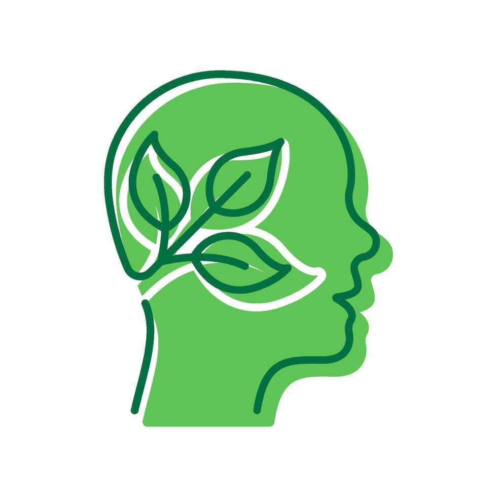 Leaf and Person Brain Ecology Environment Concept Icon. Plant in Human Head Pictogram. Tree Branch Ecology Idea Icon. Green Thinking. Editable Stroke. Isolated Illustration vector