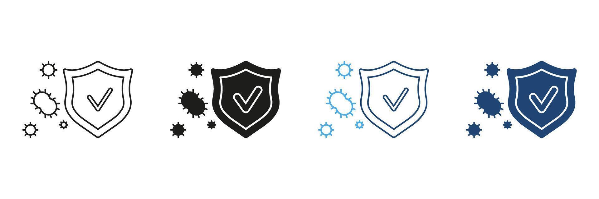 Protection from Virus and Health Safety Line and Silhouette Icon Set. Shield with Check Mark and Virus Particles. Immune Defense and Health Protection. Isolated Illustration vector