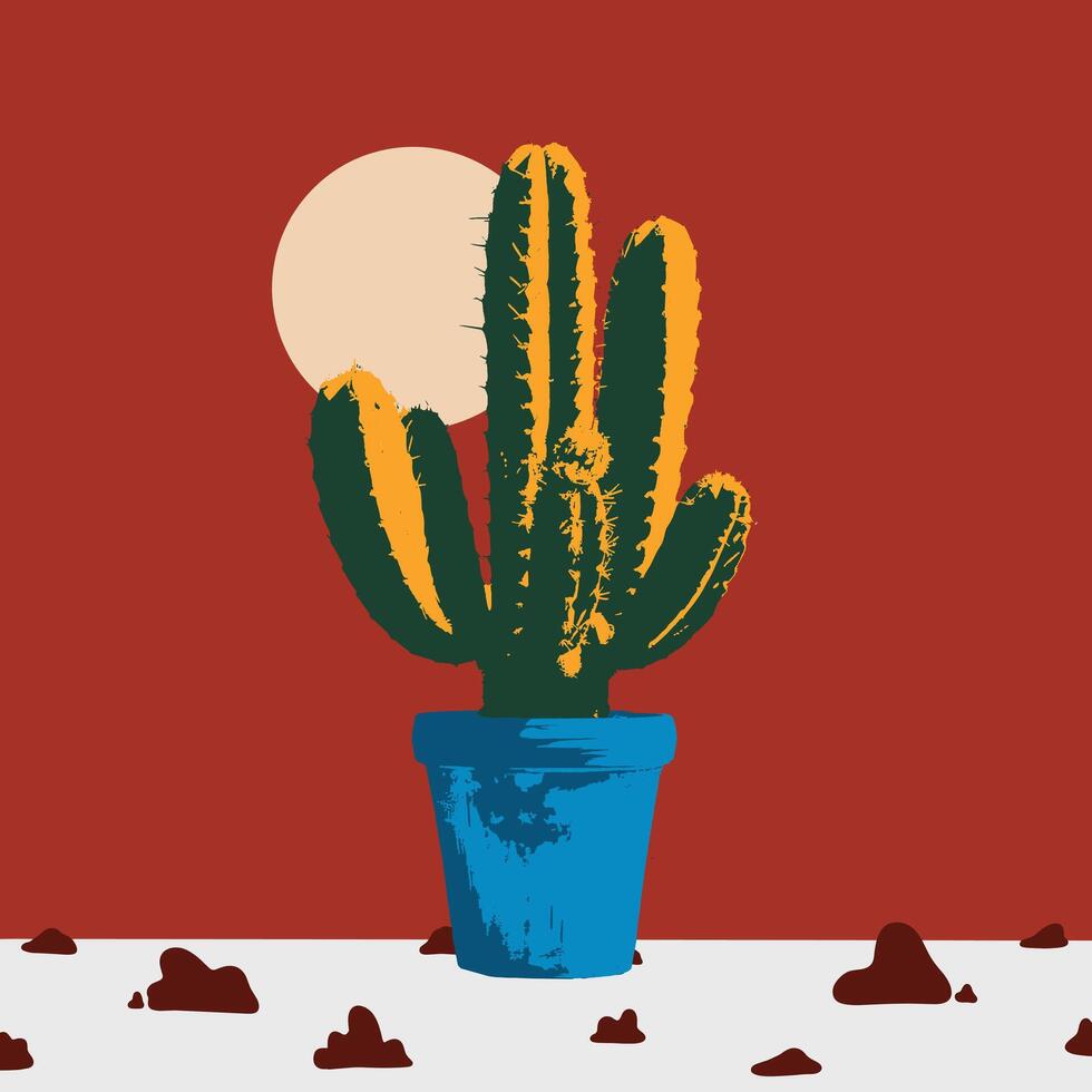 Cactus in a Pot with Sun in a Desert Landscape vector