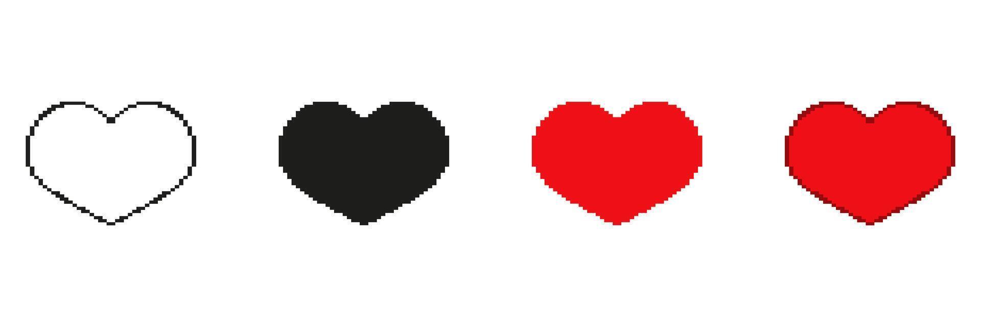 Pixel Heart Shapes In Red Black And Outline With Animation Stages Pixelated Icon Set. Pixel Art Symbol Collection Of Hearts In Different Colors And Styles. Isolated Illustration vector