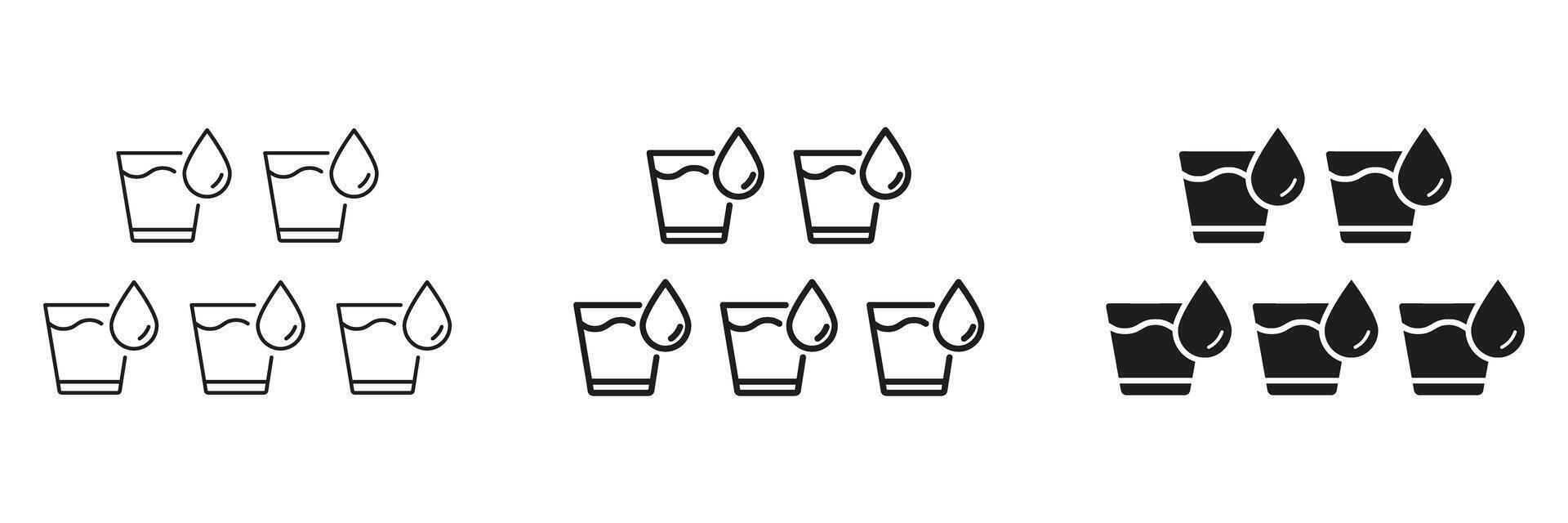 Hydration And Drinking Water Regularly Line and Silhouette Icon Set. Five Glasses Of Water With Droplets. Editable Stroke. Isolated Illustration vector