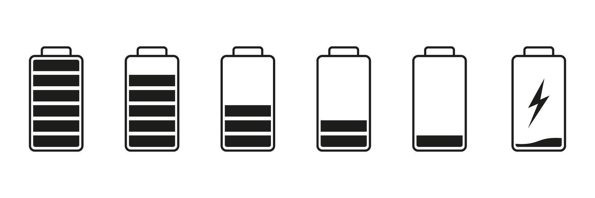 Battery Level Indicator Solid Icon Set. Charging And Energy Status Silhouette Symbol Collection. Isolated Illustration vector