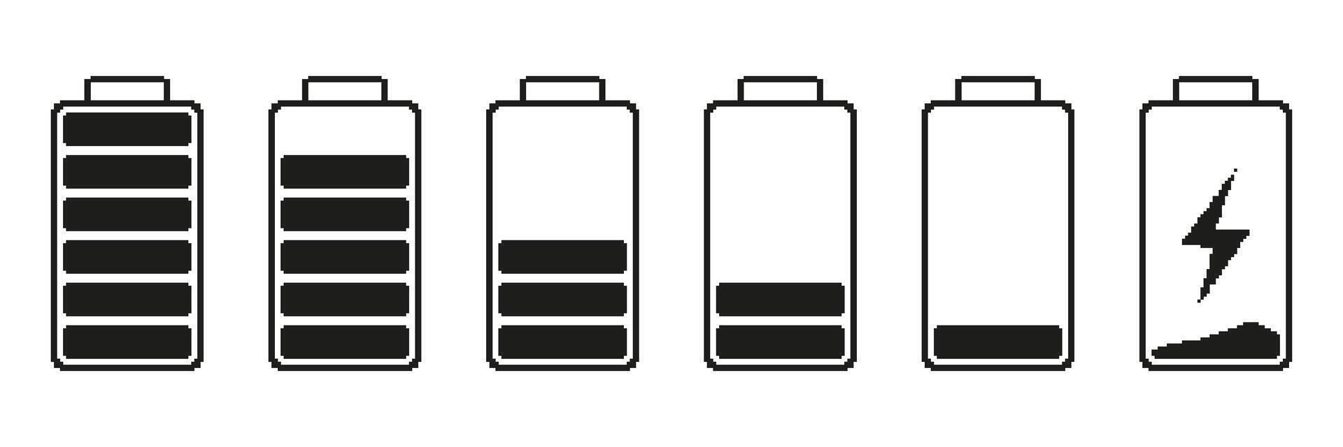 Battery Charge Levels Pixelated Icon Set. Pixel Art Symbol Collection Of Battery Charging Stages Icons. Isolated Illustration vector