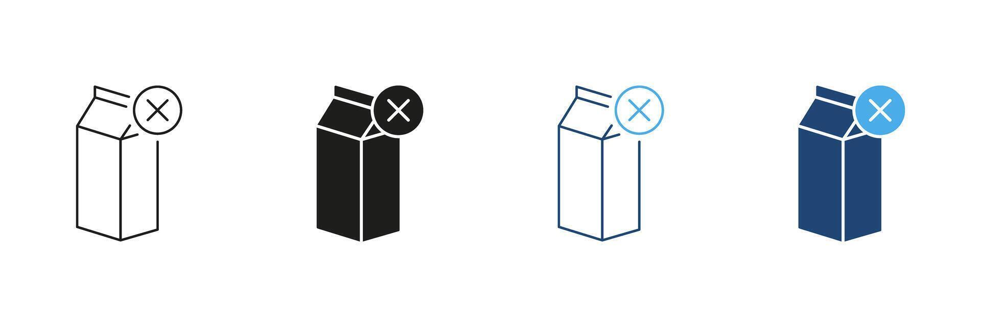 Dairy Free Line and Silhouette Icon Set. Milk Carton With Crossed Out Symbol. No Dairy Or Lactose Free Products. Editable Stroke. Isolated Illustration vector