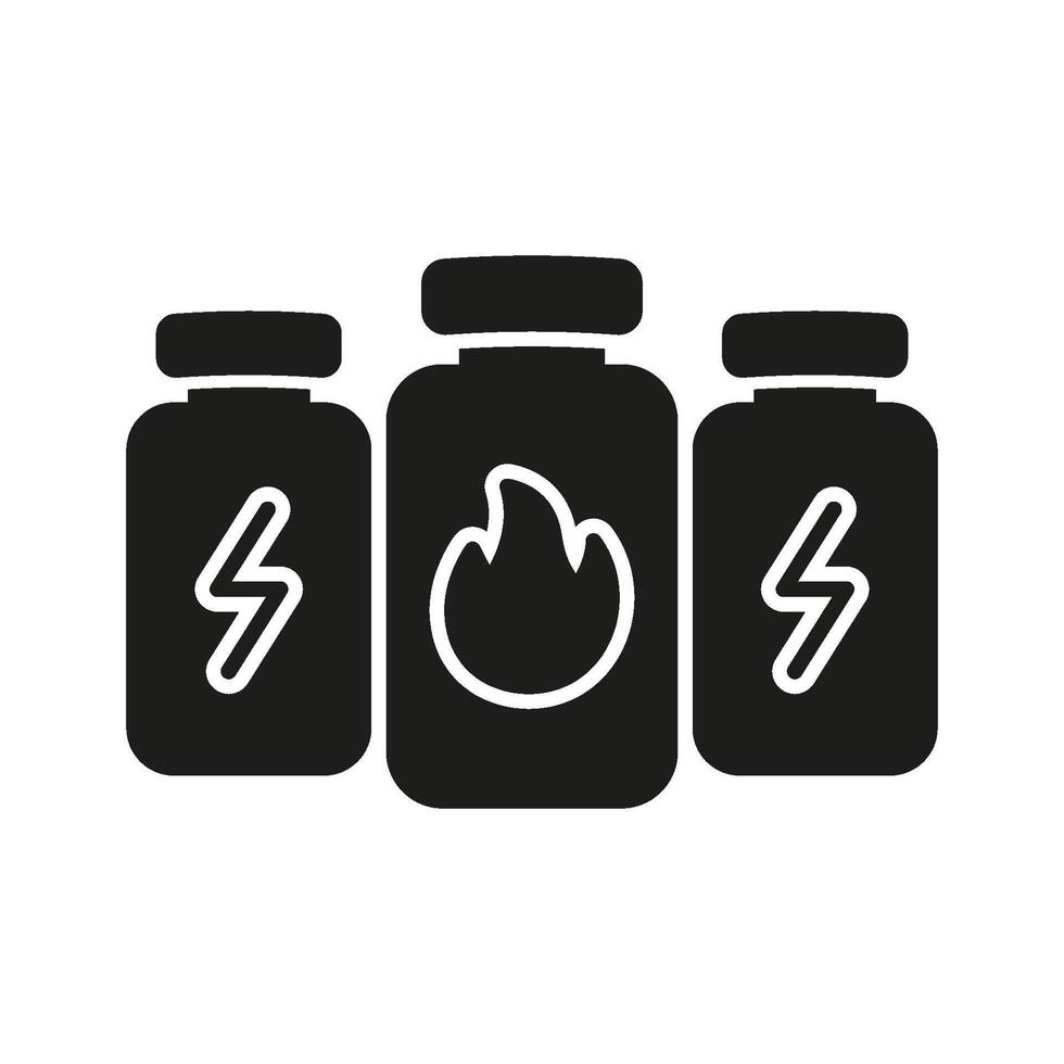 Supplement bottles with energy and fire symbols solid icon. Energy boost and metabolism enhancement with supplements silhouette symbol. Isolated illustration vector