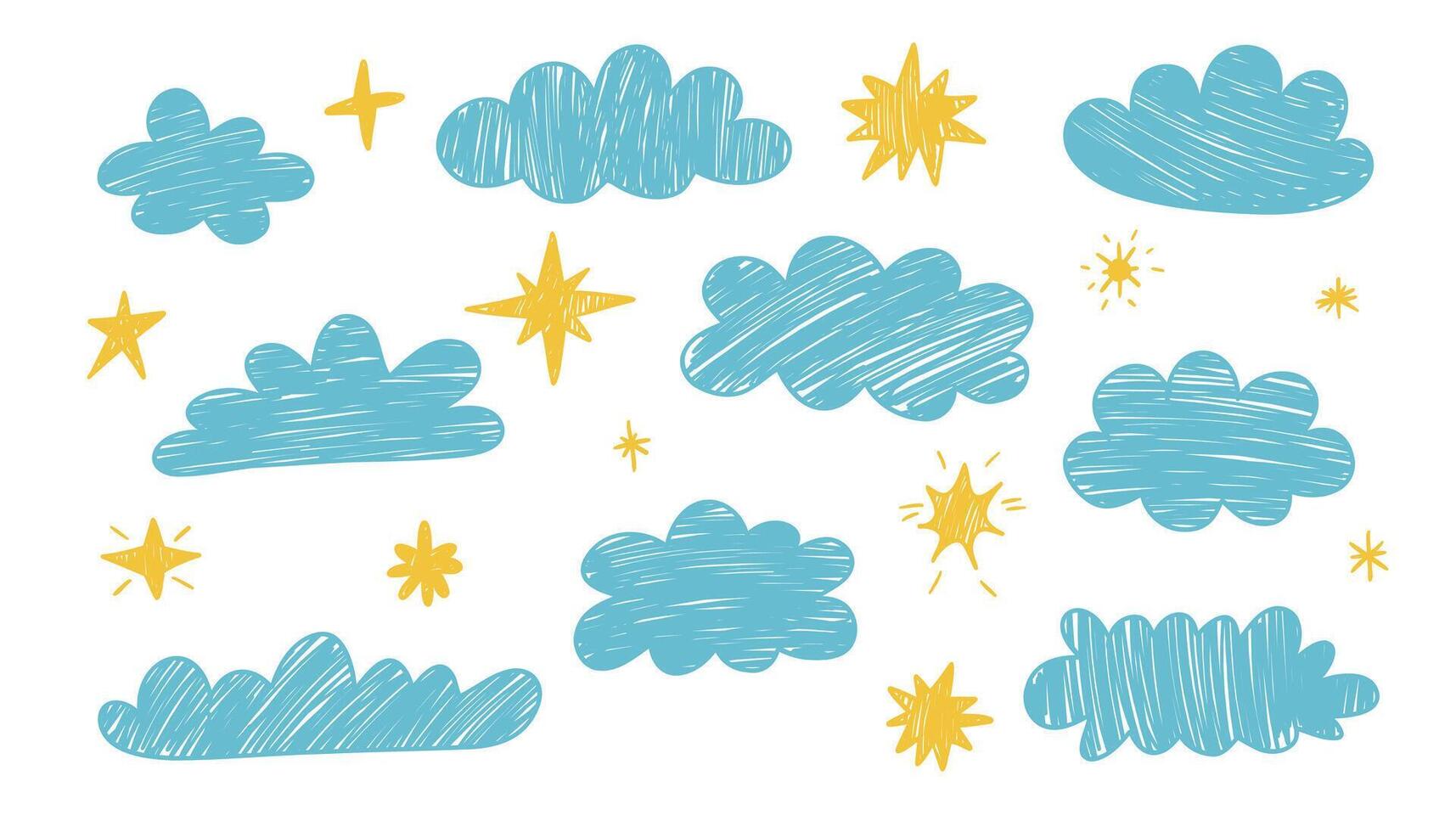 Set of hand drawn doodle clouds and stars. Various pencil childish icons, weather elements. illustration. vector