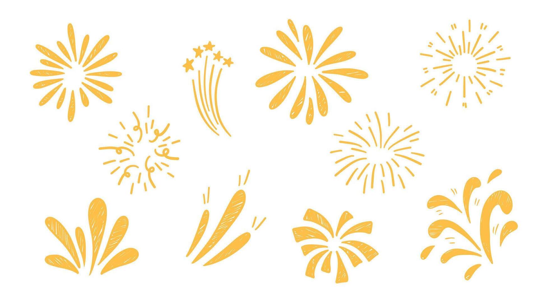 Set fireworks doodle line explosion radial sparkler with rays, hand drawn firecrackers simple and round decoration isolated on white background. vector