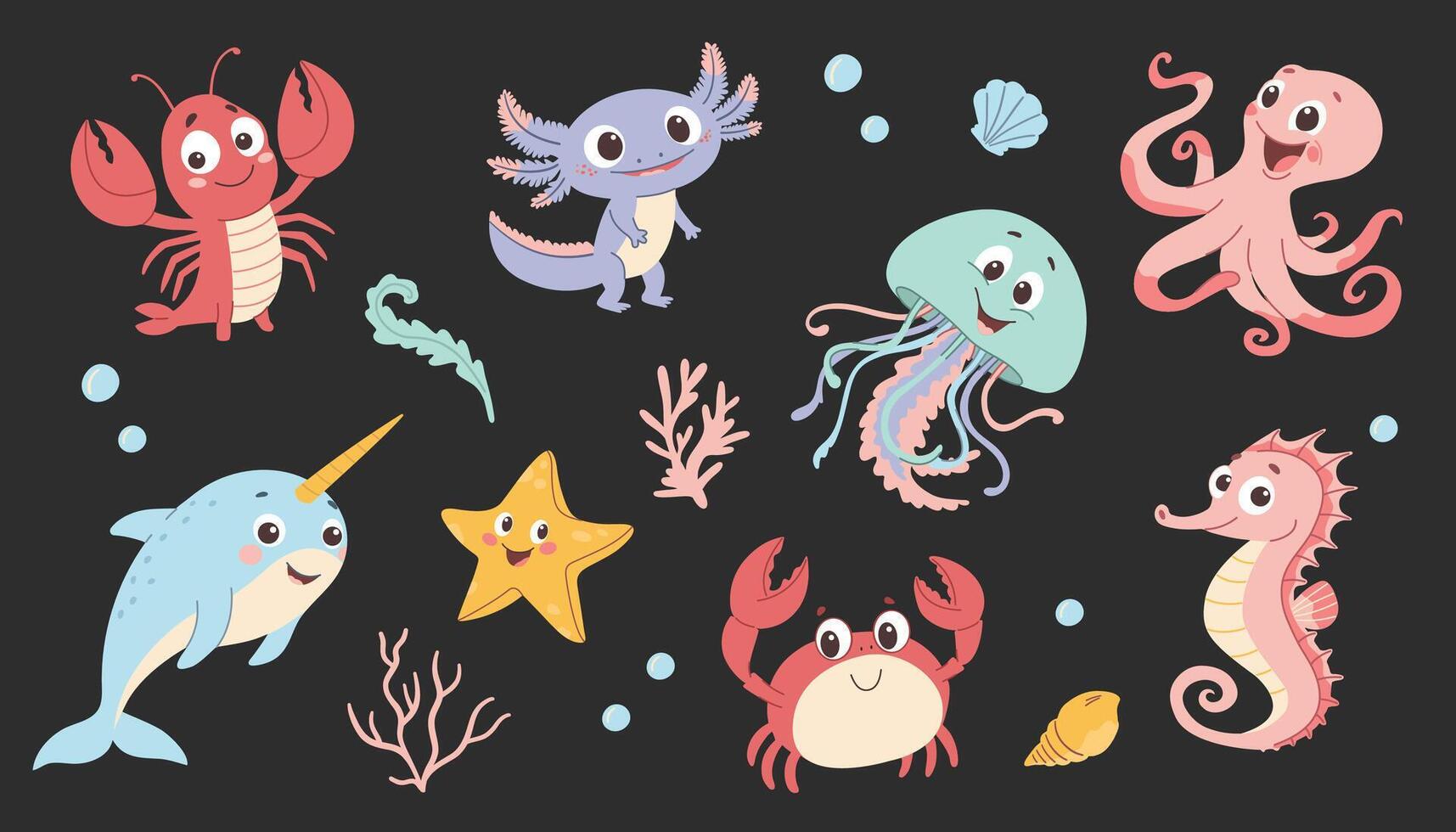 Set of cute cartoon sea animals. A cute drawing in a childish style. Seahorse, narwhal, axolotl, starfish, jellyfish, octopus, crab, lobster. illustration isolated on gray background. vector