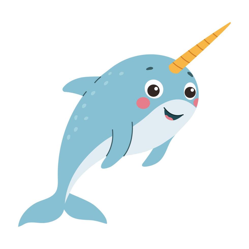Cute cartoon narwhal isolated on white background. A cute drawing in a childish style. illustration. vector