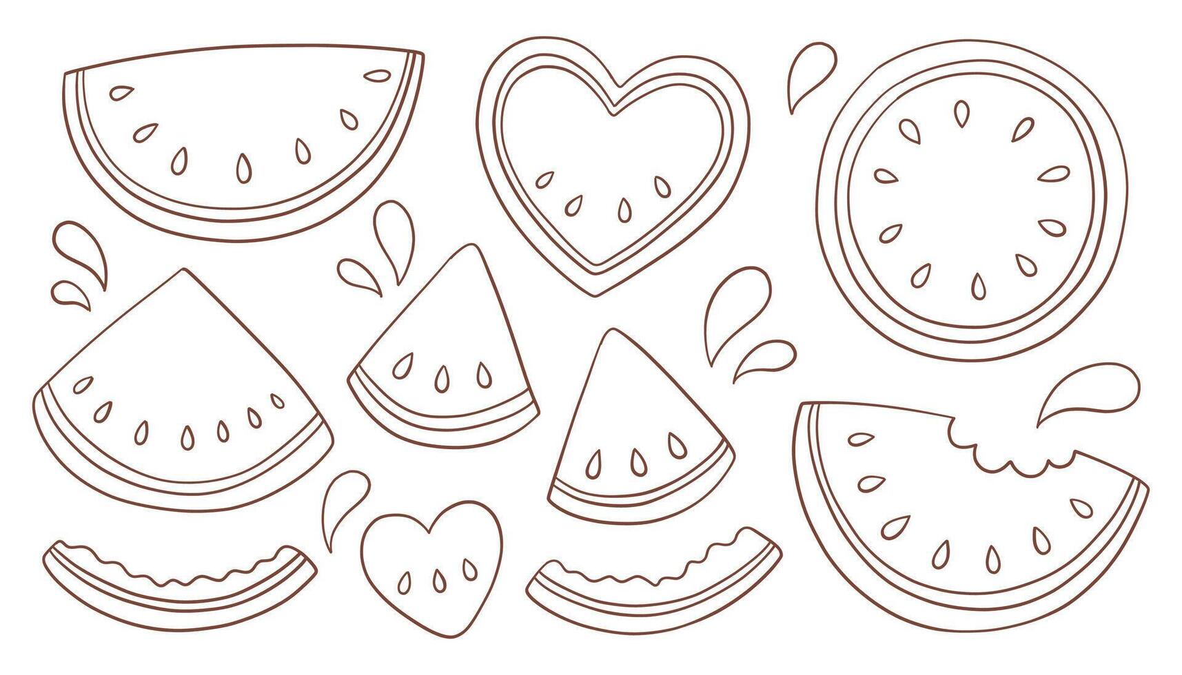 Whimsy watermelon set. Line art illustration with various stylized watermelon slices and shapes. Collection of different watermelon forms, including semi-circles, triangles, and heart shapes. vector