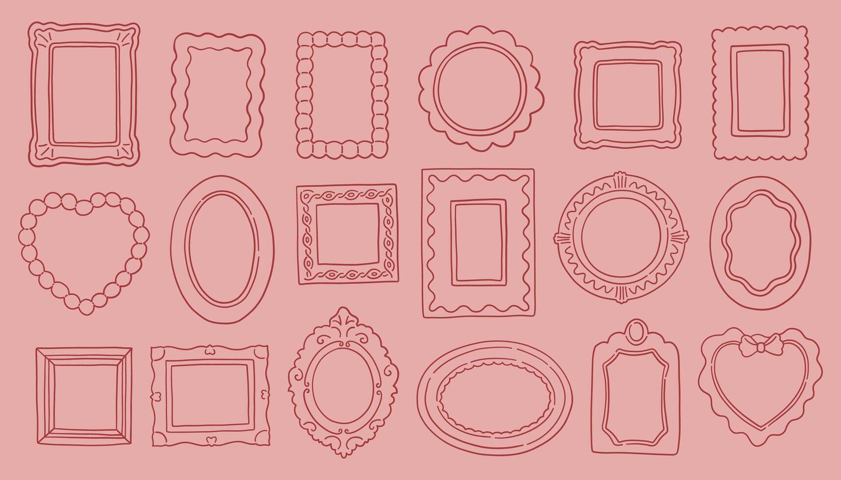Whimsy picture frame set. Collection of various picture frame designs on a pink background. Outline in red color, different styles and sizes vector