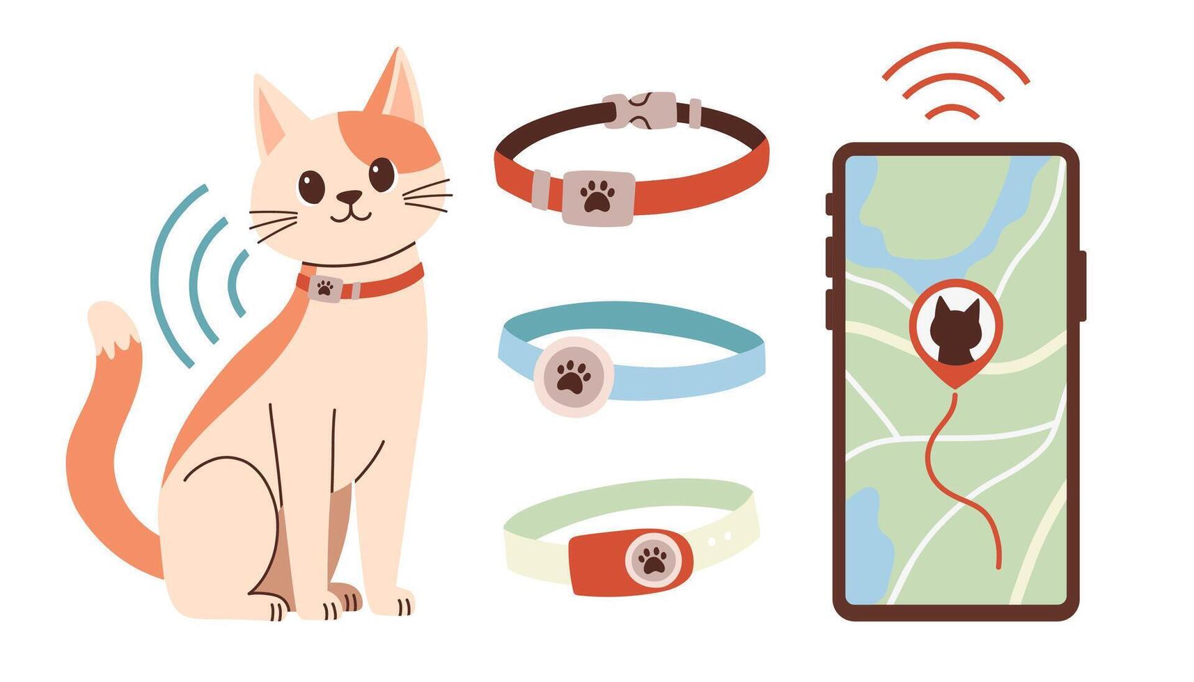 Pet GPS tracker. GPS tracking for walking a cat. A smartphone with a map shows the movement of pets. A pet tracking app. flat illustration on white background. vector